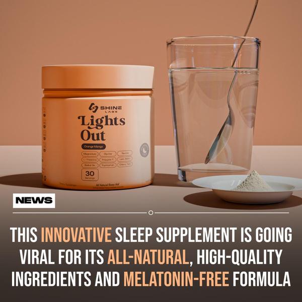 A high-contrast, clean studio shot of a sleep supplement jar next to a glass of water, styled as a news announcement regarding its natural formula.